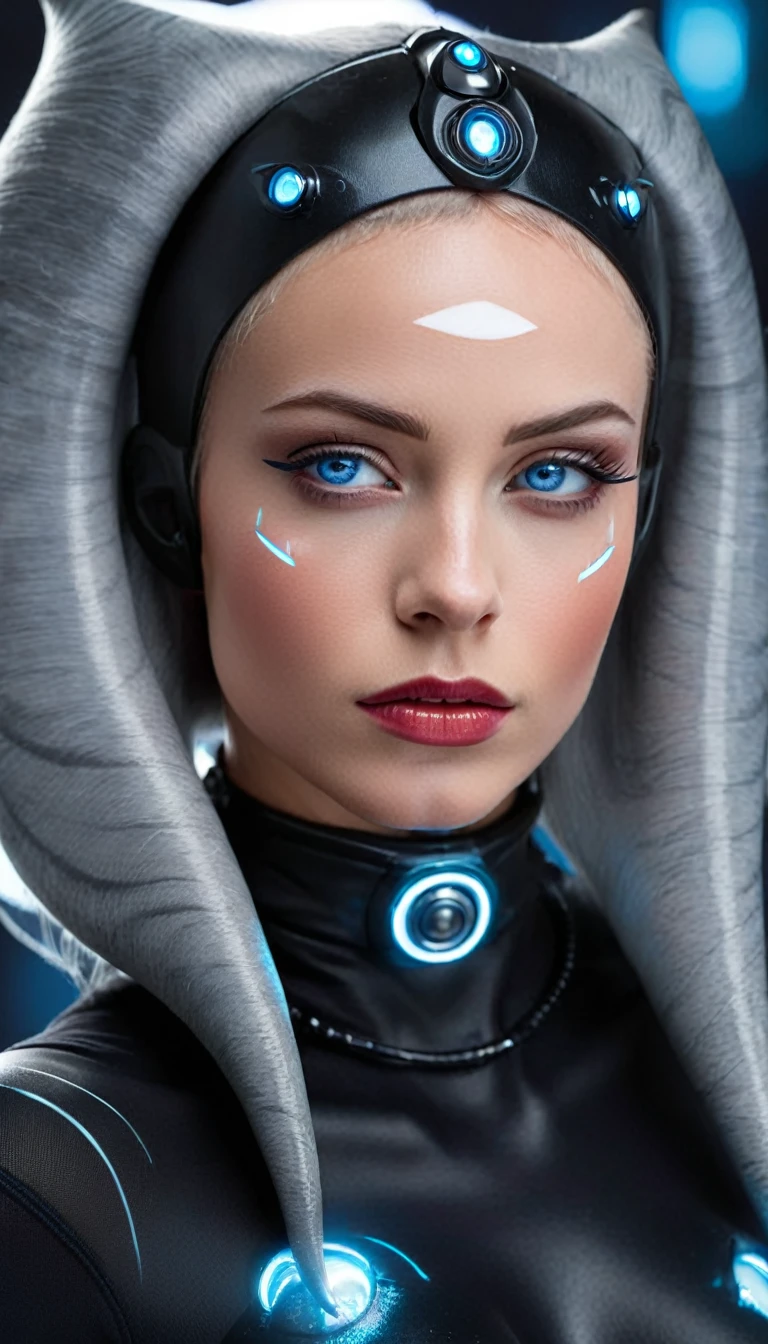 A highly detailed and vibrant sci-fi scene, a young woman with piercing blue eyes, long eyelashes, beautiful detailed lips, and an elegant expression, wearing a sleek black bodysuit, set against a futuristic background with dramatic blue and black lighting, ultra-detailed 8k, cinematic, professional, masterpiece