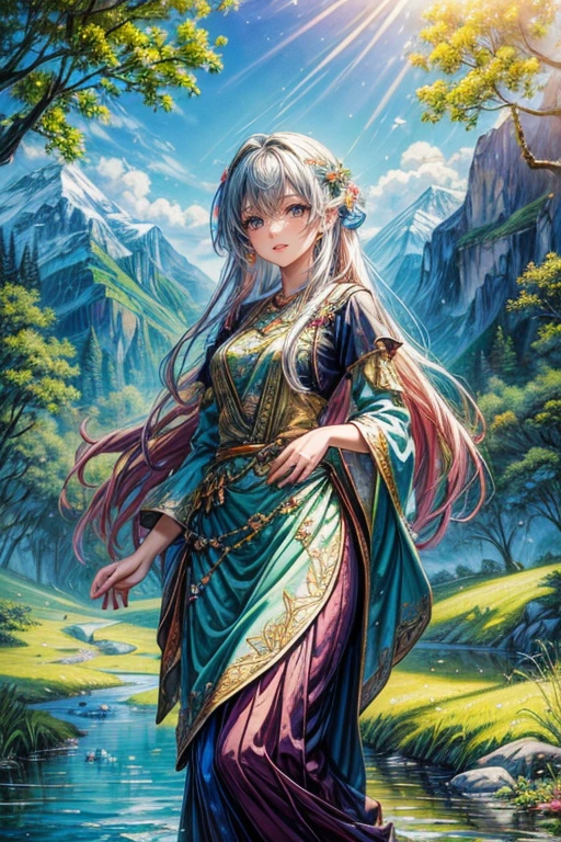 (detailed oil painting:1.2),cute ,vivid colors,vibrant scenery,serene atmosphere,colorful costume,flowing hair,, sparkling river, lush trees, peaceful meadows,delicate flowers,soft sunlight,playful breeze,majestic mountains,clear blue sky,realistic details,photorealistic style.