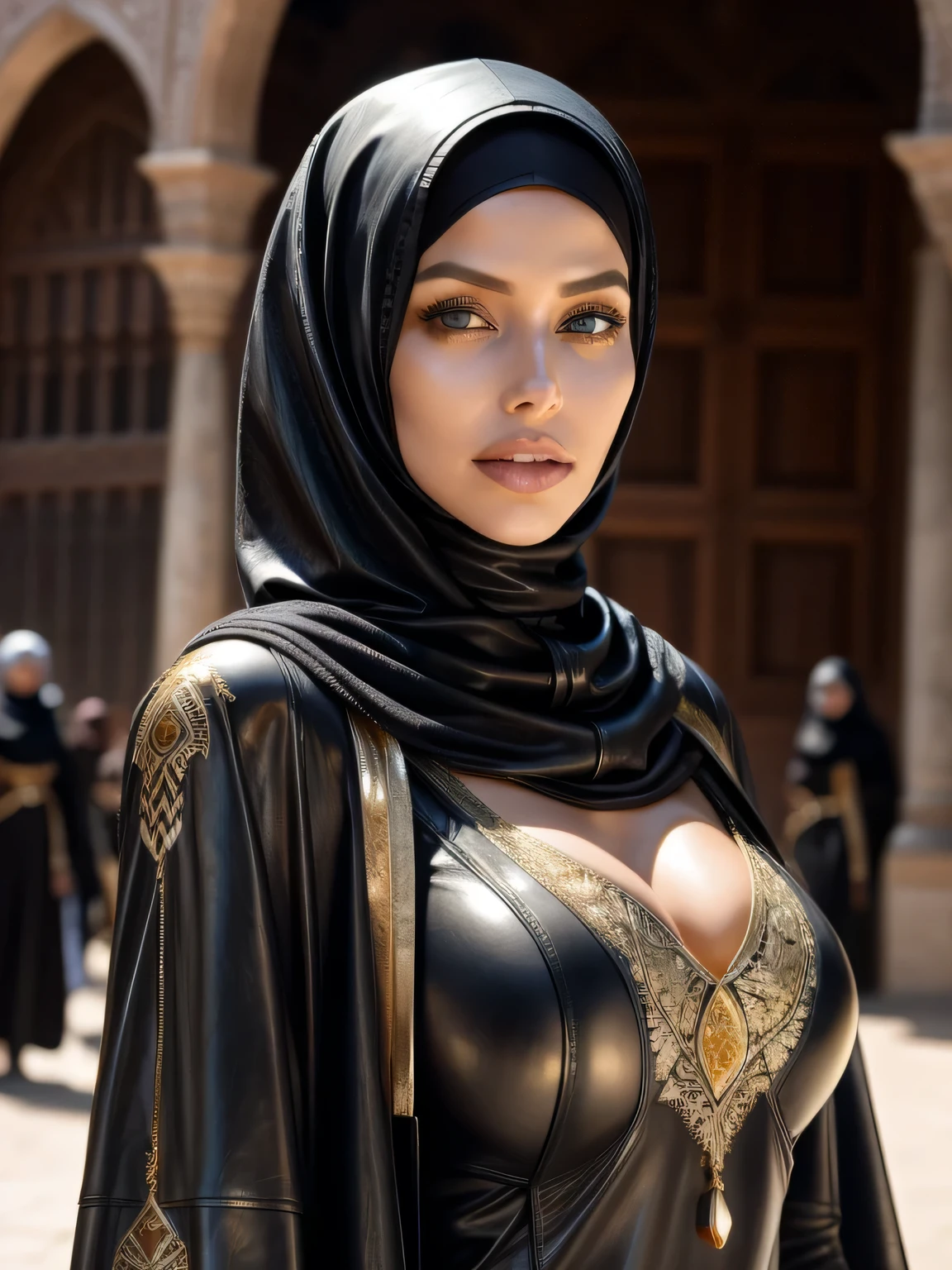 mujer hermosa, Profesional, (foto 4k) por (Jeremy Lipking:0.3), (Anna Dittman:0.3), (ariana marca:0.3), (enfoque nítido:1.3), (Mujer hermosa:1.3), Agotador (hijab de cuero, abaya de cuero con intrincados detalles dorados:1.2), maquillaje perfecto, sorprendentes, Ojos fascinantes, hermoso rostro detallado, De pie en un mercado medieval árabe
