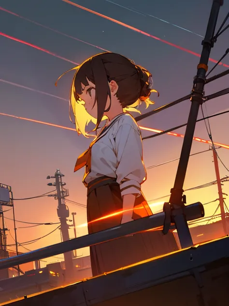 cute young girl, Short brown hair, Tie your hair up, Factory lights spreading in the distance, At dusk, Side angle.