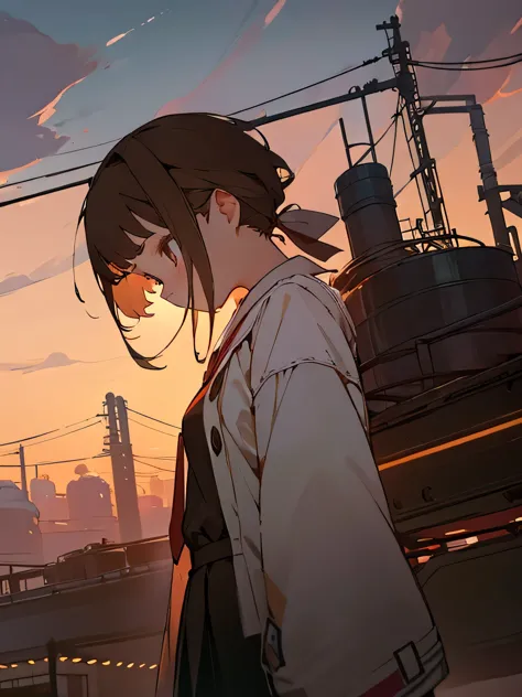 cute young girl, Short brown hair, Tie your hair up, Factory lights spreading in the distance, At dusk, Side angle.