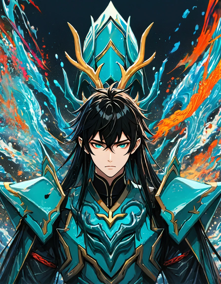 (DAN HENG IMBIBITOR LUNAE), 1man, (detailed eyes and detailed face) masterpiece side light, masterpiece, best quality, detailed, high resolution illustration), mecha armor, long dark vibrant hair, upper body, cool, water element, modern drawing, vibrant color, HDR, shadow, sharp drawing, simple no background, damaged armor