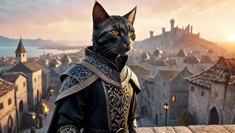 a cat man, khajiit, expressive eyes, black patterned clothes dress, jojo poses, big medieval city in sunset in background, detai...