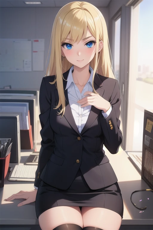 create a 25-year-old anime girl in office attire and black stockings with blonde hair and blue eyes with a luxurious office landscape