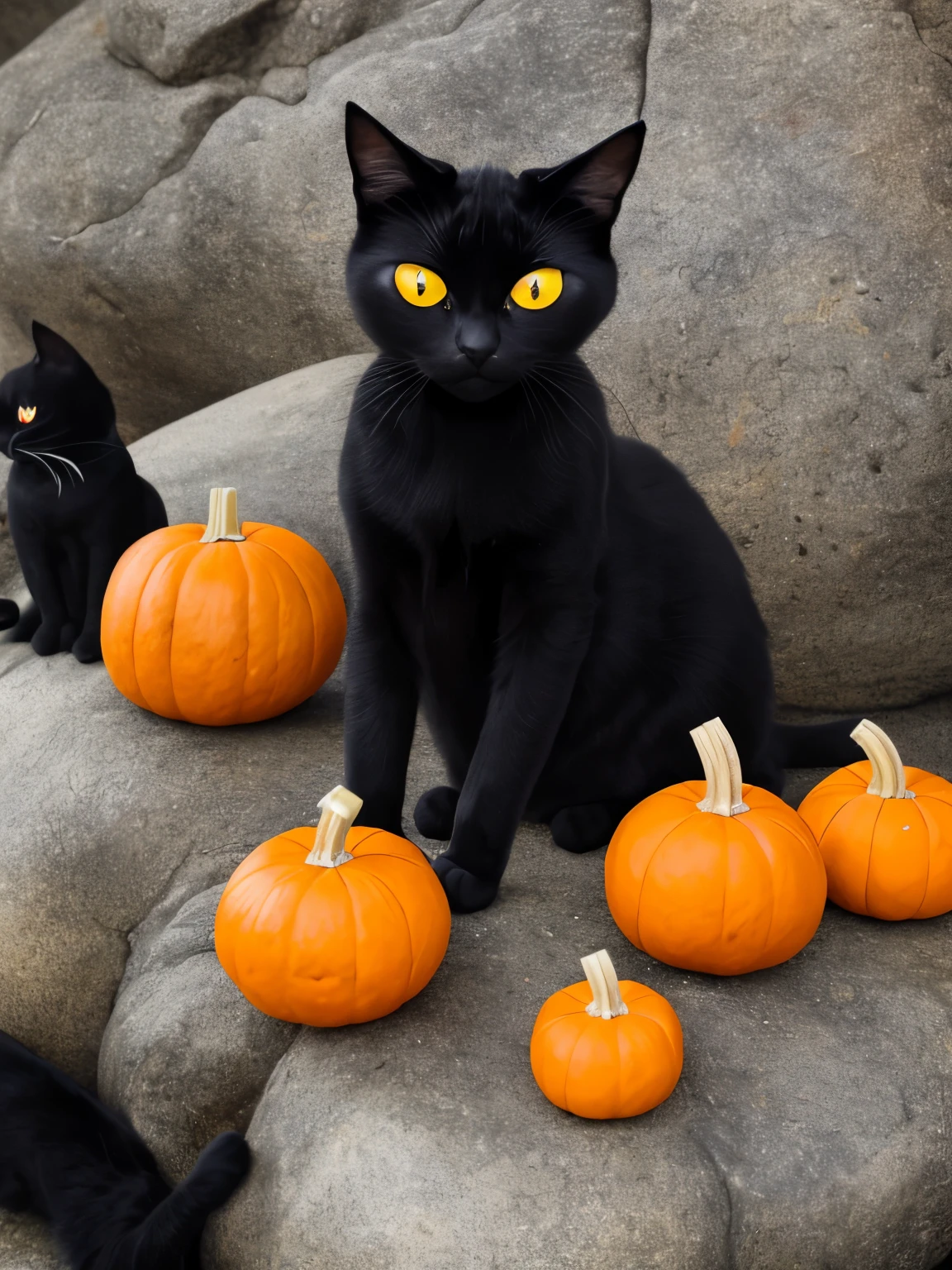 a close up of a black cat sitting on a rock with pumpkins, a pastel by Nina Petrovna Valetova, flickr, fantasy art, black cat, with glowing yellow eyes, black cats, glowing orange eyes, with red glowing eyes, the dark god of cats, with glowing red eyes, vampire cat, with glowing eyes, gorgeous art