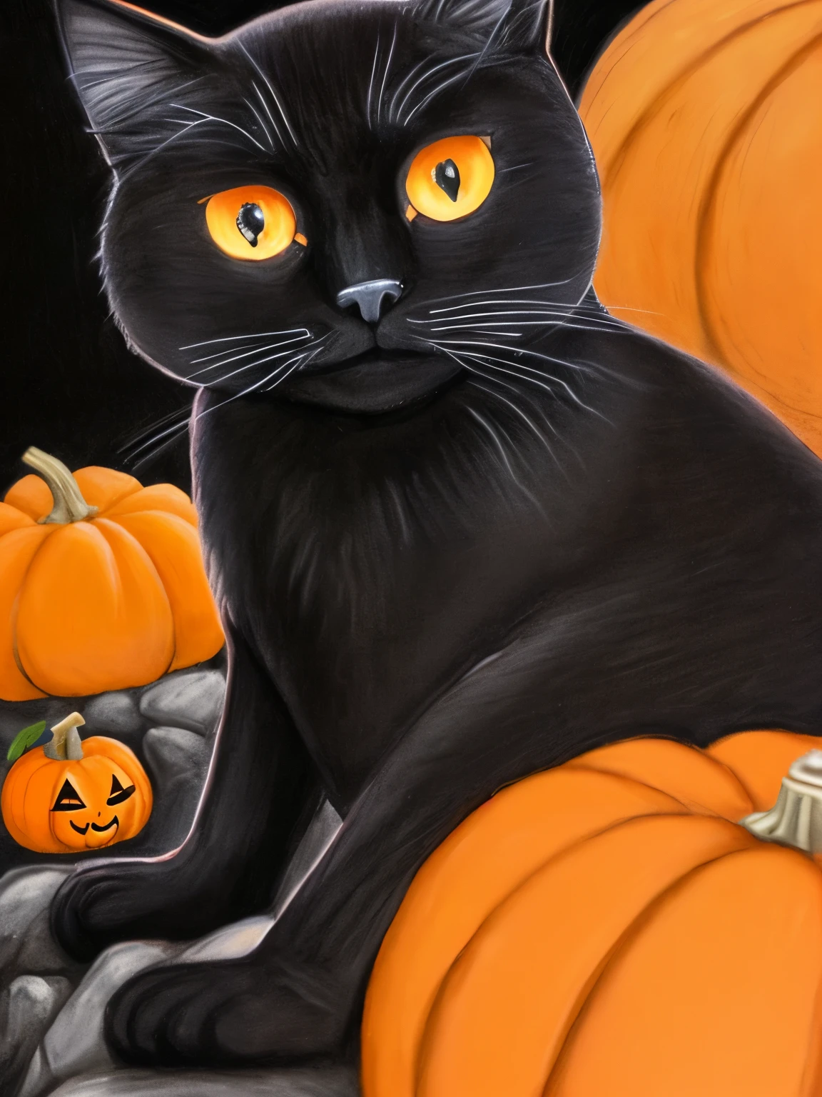 a close up of a black cat sitting on a rock with pumpkins, a pastel by Nina Petrovna Valetova, flickr, fantasy art, black cat, with glowing yellow eyes, black cats, glowing orange eyes, with red glowing eyes, the dark god of cats, with glowing red eyes, vampire cat, with glowing eyes, gorgeous art