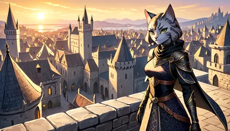 khajiit, expressive eyes, black patterned clothes dress, jojo poses, big medieval city in sunset in background, detail richness,...