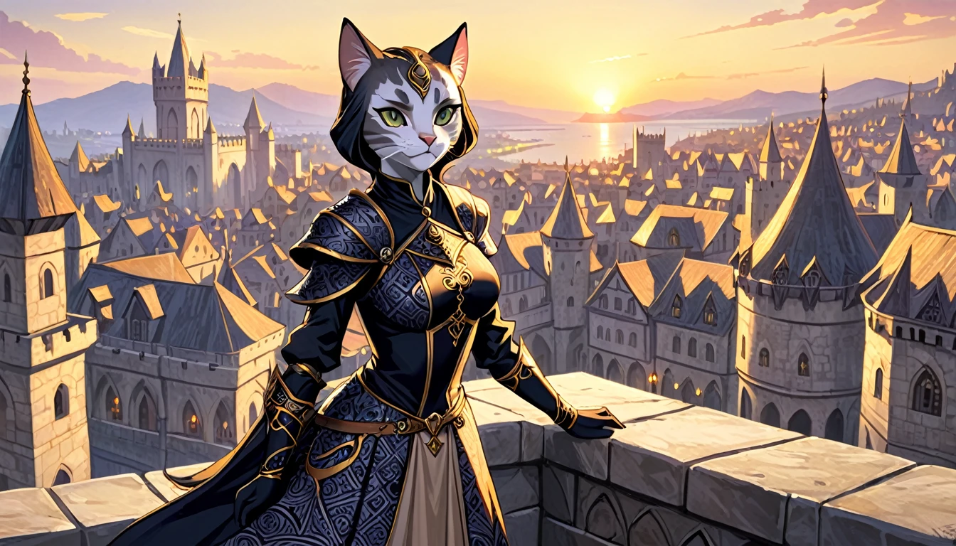 khajiit, expressive eyes, black patterned clothes dress, jojo poses, big medieval city in sunset in background, detail richness, masterpiece, best quality, The Elder Scrolls style