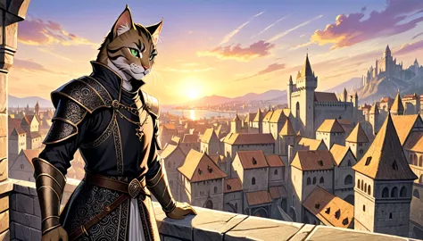 a male khajiit, expressive eyes, black patterned clothes dress, jojo poses, big medieval city in sunset in background, detail ri...