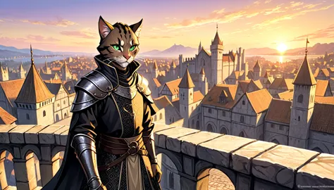 a male khajiit, expressive eyes, black patterned clothes dress, jojo poses, big medieval city in sunset in background, detail ri...