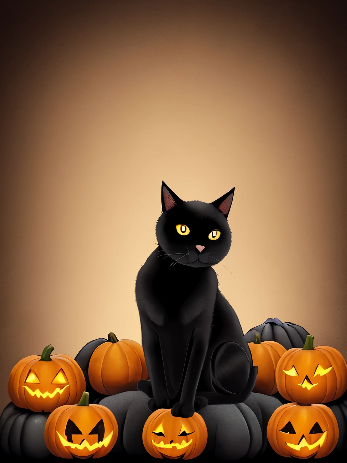 a close up of a black cat sitting on a rock with pumpkins, a pastel by Nina Petrovna Valetova, flickr, fantasy art, black cat, with glowing yellow eyes, black cats, glowing orange eyes, with red glowing eyes, the dark god of cats, with glowing red eyes, vampire cat, with glowing eyes, gorgeous art