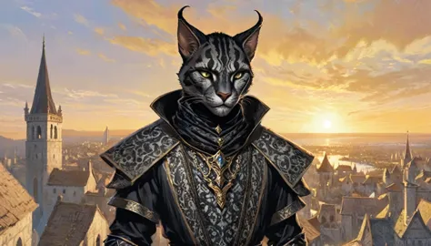 a male khajiit, expressive eyes, black patterned clothes dress, jojo poses, big medieval city in sunset in background, detail ri...