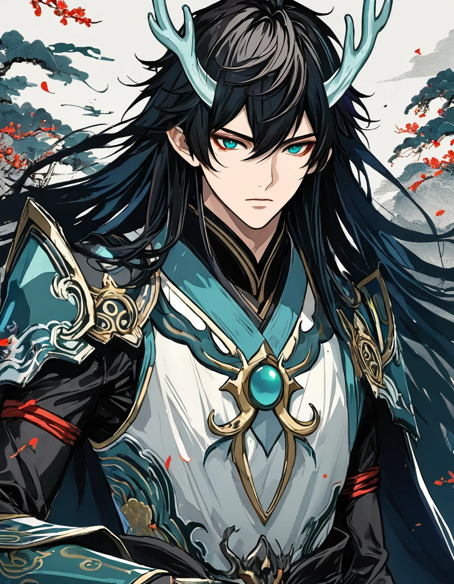 (DAN HENG IMBIBITOR LUNAE), 1man, (detailed eyes and detailed face), masterpiece, best quality, detailed, high resolution illustration), damaged armor, long dark vibrant hair, upper body, cool, dark element, Chinese drawing, vibrant color, HDR, shadow, Japan ink drawing, simple no background