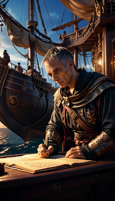 Cinematic style, Julius Caesar writing poetry on a pirate ship, background dark, hyper realistic, ultra detailed hyper realistic...