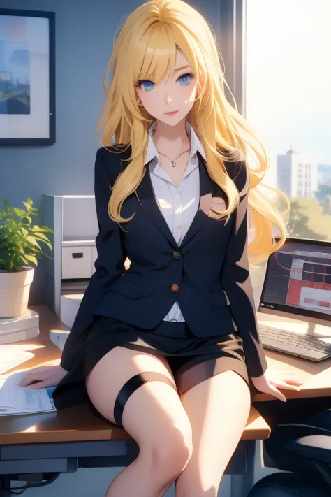 create a 25-year-old anime girl in office attire and black stockings with blonde hair and blue eyes with a luxurious office land...