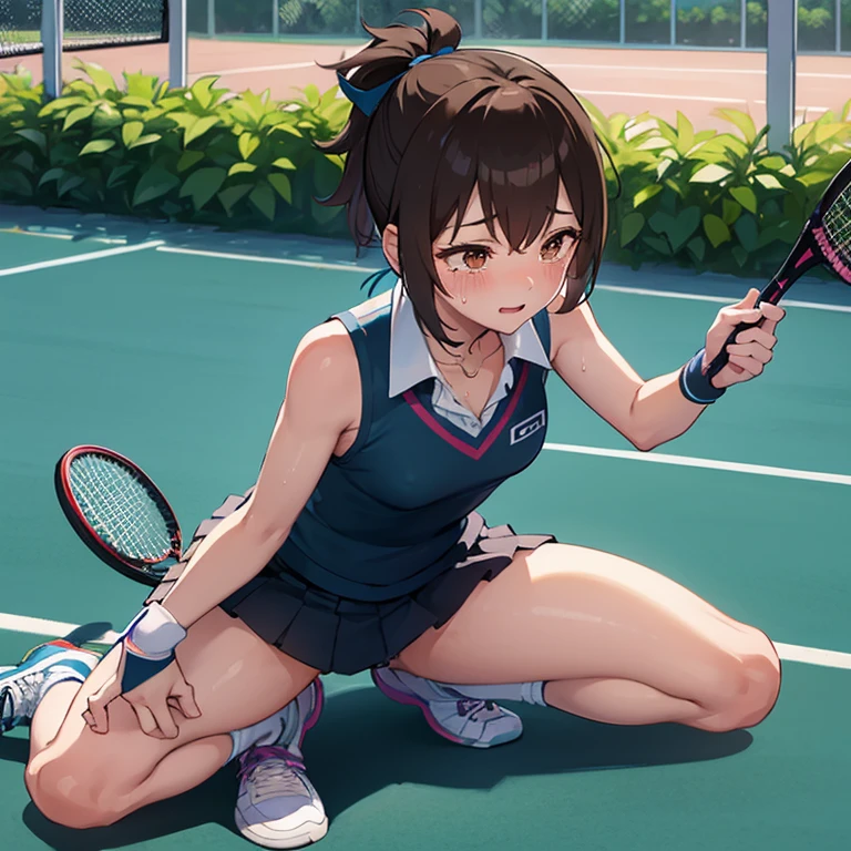 ((nsfw))、field、audience、Tennis court、((tennis racket))、exposed、blush、crying face、spread legs、wet、ponytail、ribbon、brown hair、love juice dripping