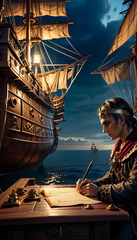 Cinematic style, Julius Caesar writing poetry on a pirate ship, background dark, hyper realistic, ultra detailed hyper realistic...