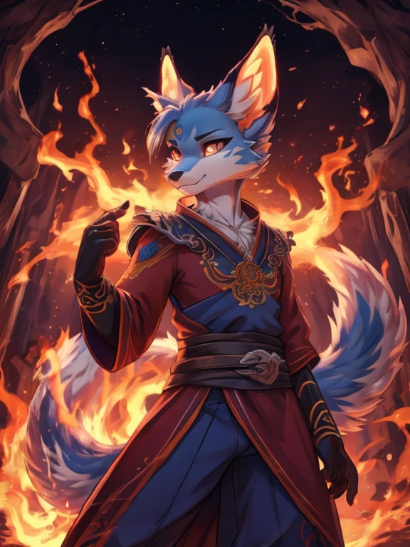 Azuna no inferno, Dobra de fogo, orelhas kitsune, Jardim Zen, lançando um raio azul, fantasia de nação do fogo