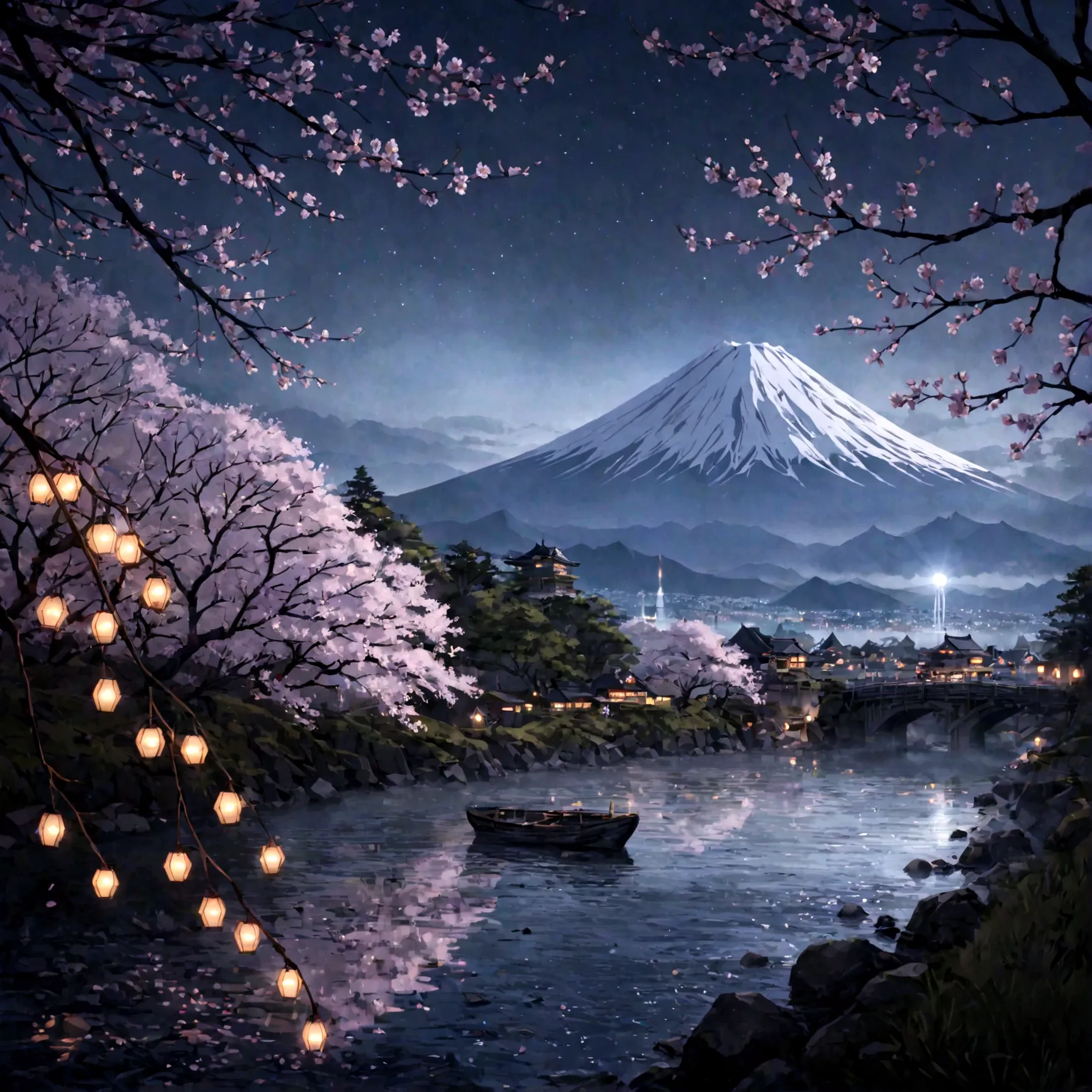 Fuji Mountain、Cherry Blossoms at Night