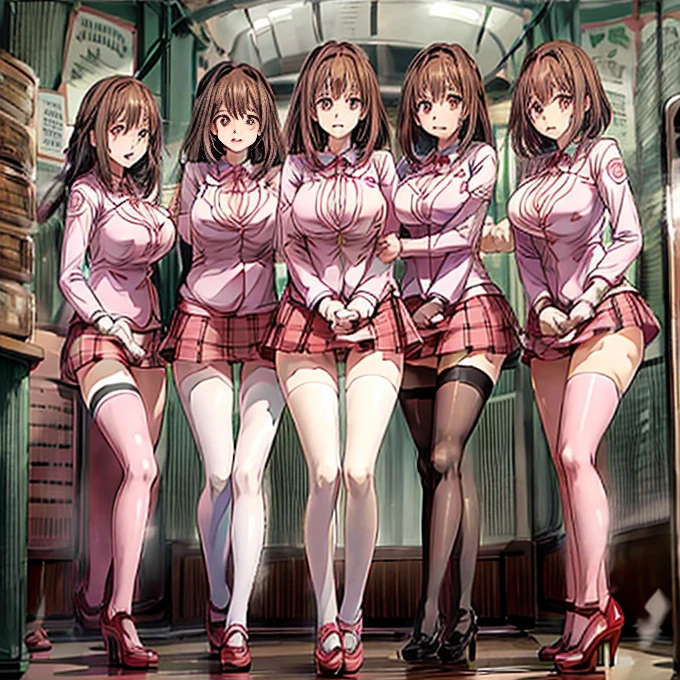Perfect anime illustration, Multiple Girls, Thousands of girls, Millions of girls, clone, Identical sister, An orderly line of sisters, An orderly line of sisters, Sisters standing in a line, Sisters in the background, Brown Hair, Curly Hair, Matching hairstyle, Hazel Eyes, smile, ((Matching outfits, Pink Uniform, Pink High Heels)), Matching hairstyles, White Background, High resolution, whole body, Pause、Camel Toe、Giant tit、Nipple Puffs、Cleavage、Plump、Super big breasts、Super big butt