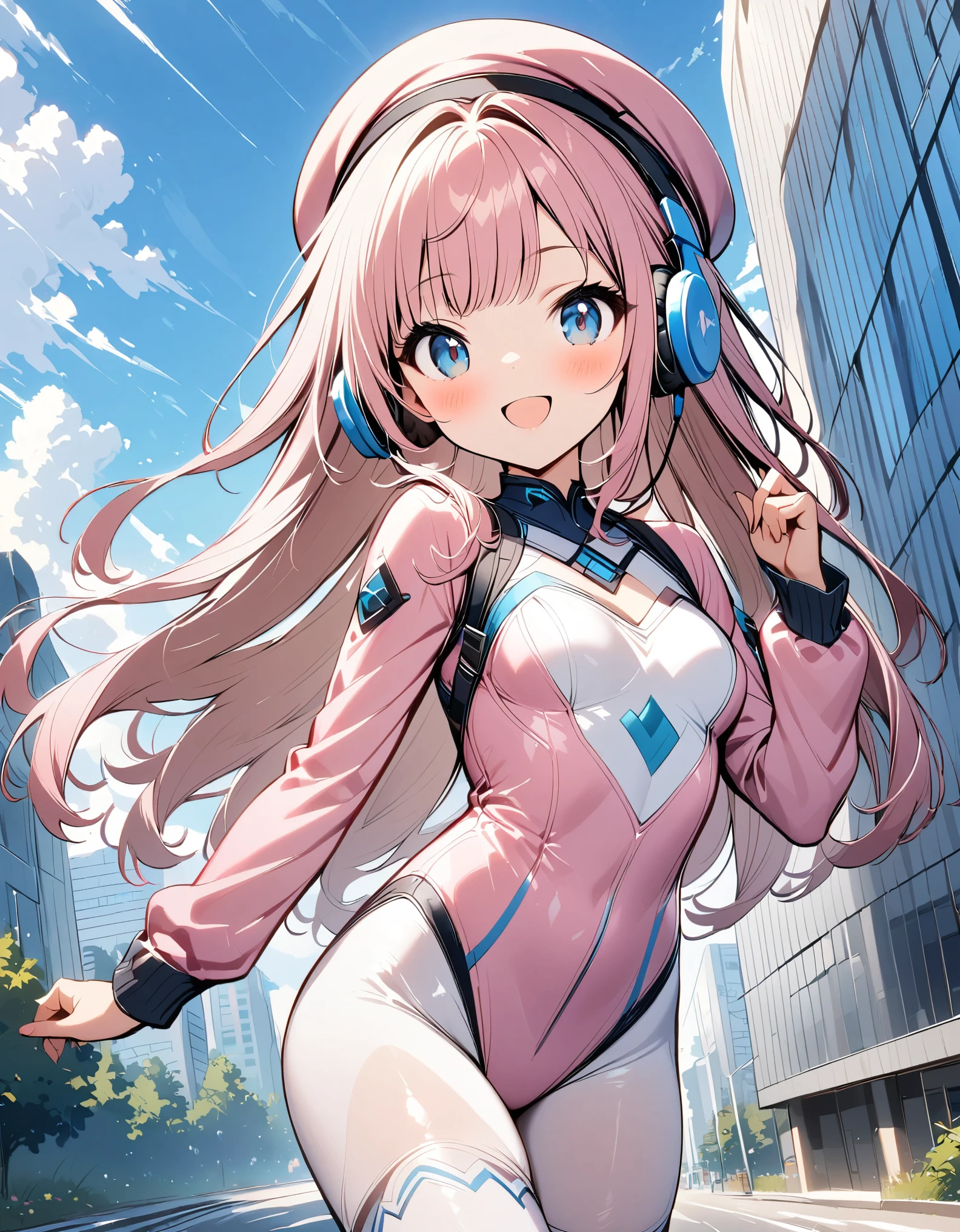 1girl, solo, small breasts, looking at viewer, blush, smile, long hair, bangs, large breasts, pink long hair, long sleeves, blue eyes, headphone, beret, :d, bodysuit, pink bodysuit with blue accents, blue sky, outdoors, office building backdrop, ballet leotard, white full-length tights, thigh-high boots, middle school aged.