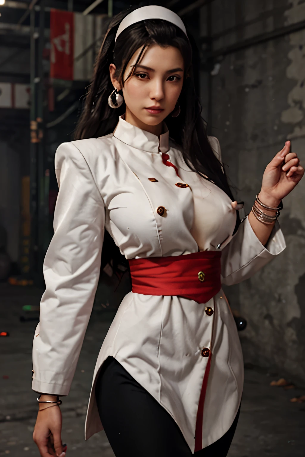 best quality,photorealistic, unreal engine, ultra res, extremely detailed,
1girl, big breasts, waist, slender, (muscular:0.9)
ROUND BREASTS,medium BREASTS
  CHIZURUMS, HAIRBAND, JEWELRY, EARRINGS, WIDE SLEEVES, LONG SLEEVES, BUTTONS, HIGH HEELS, SASH, BRACELET, BLACK PANTS
photo fame, key visual,
cowboy shot . anime style, key visual, vibrant, studio anime,  highly detailed