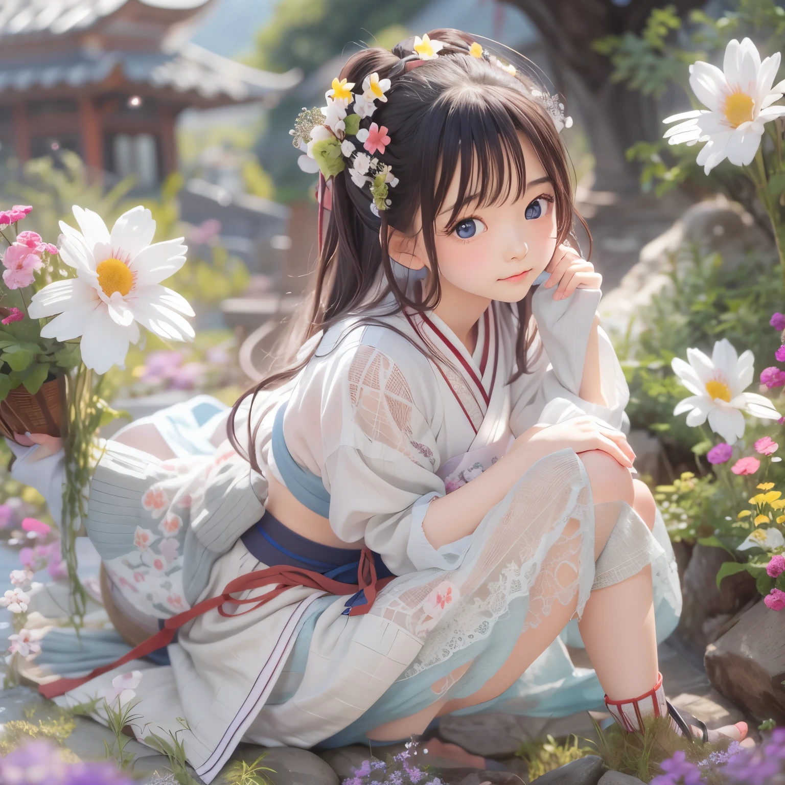 detailed face, cute face, Hanfu, One girl, Medium chest, Cleavage, Mountain, soaking feet, Sitting, Chinese park background,White knee socks,Shimizu,(feet:1.3), Too many flowers,  