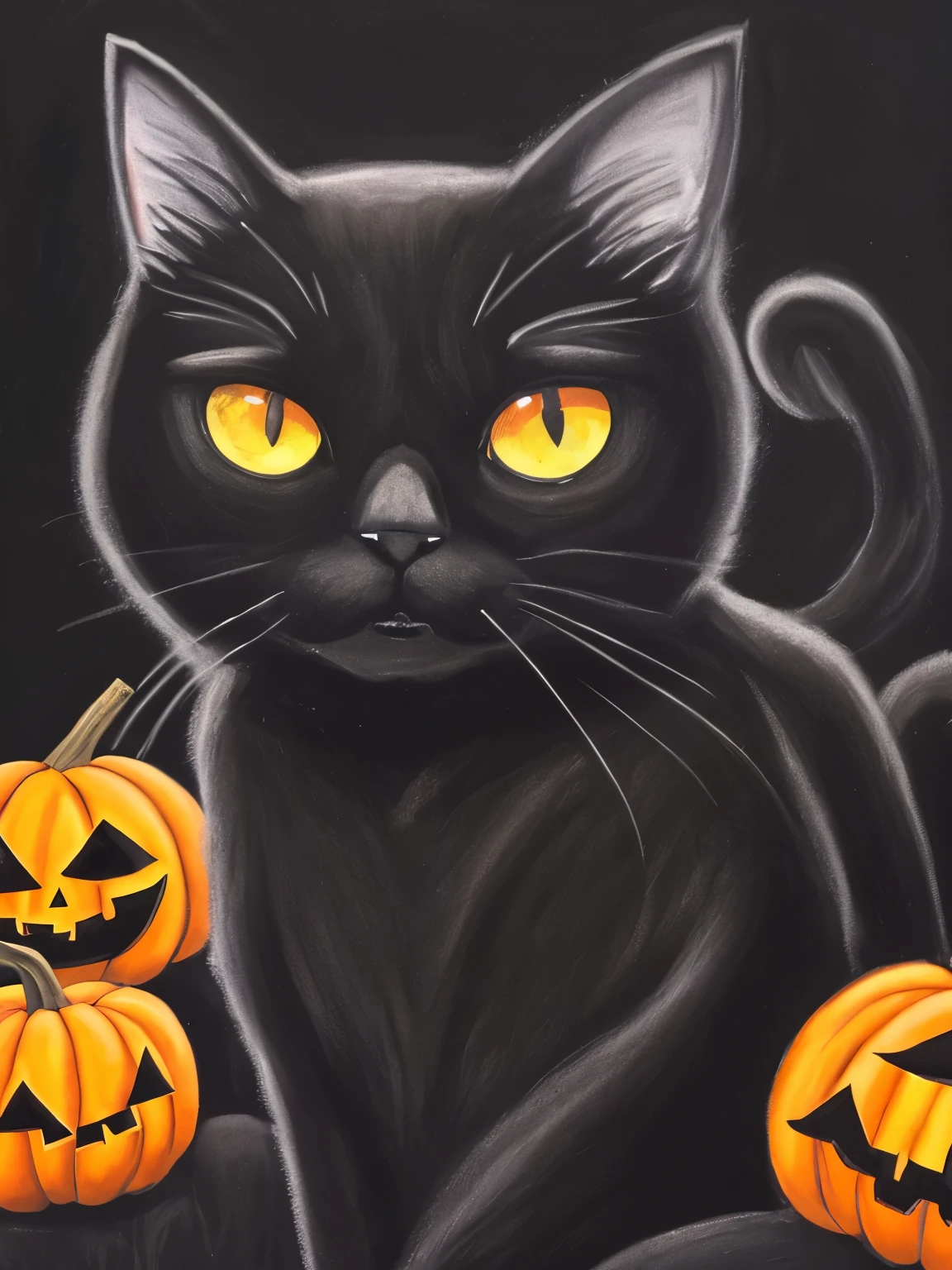 a close up of a black cat sitting on a rock with pumpkins, a pastel by Nina Petrovna Valetova, flickr, fantasy art, black cat, with glowing yellow eyes, black cats, glowing orange eyes, with red glowing eyes, the dark god of cats, with glowing red eyes, vampire cat, with glowing eyes, gorgeous art