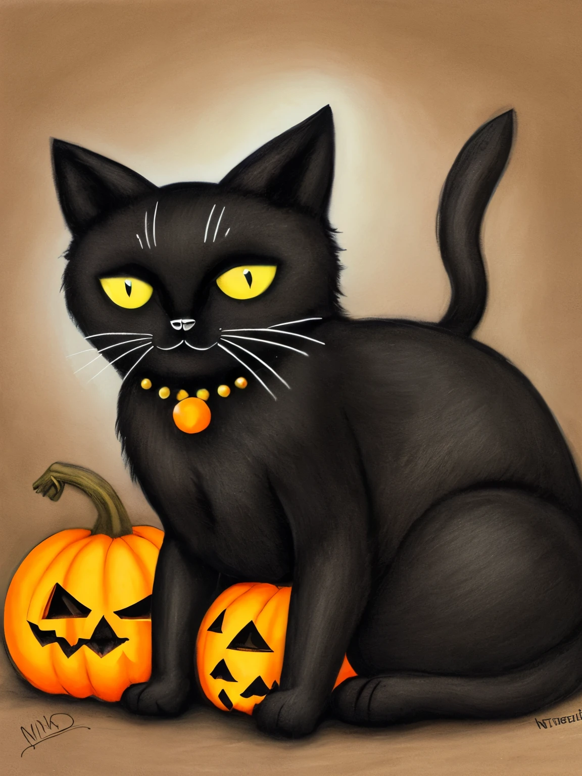 a close up of a black cat sitting on a rock with pumpkins, a pastel by Nina Petrovna Valetova, flickr, fantasy art, black cat, with glowing yellow eyes, black cats, glowing orange eyes, with red glowing eyes, the dark god of cats, with glowing red eyes, vampire cat, with glowing eyes, gorgeous art