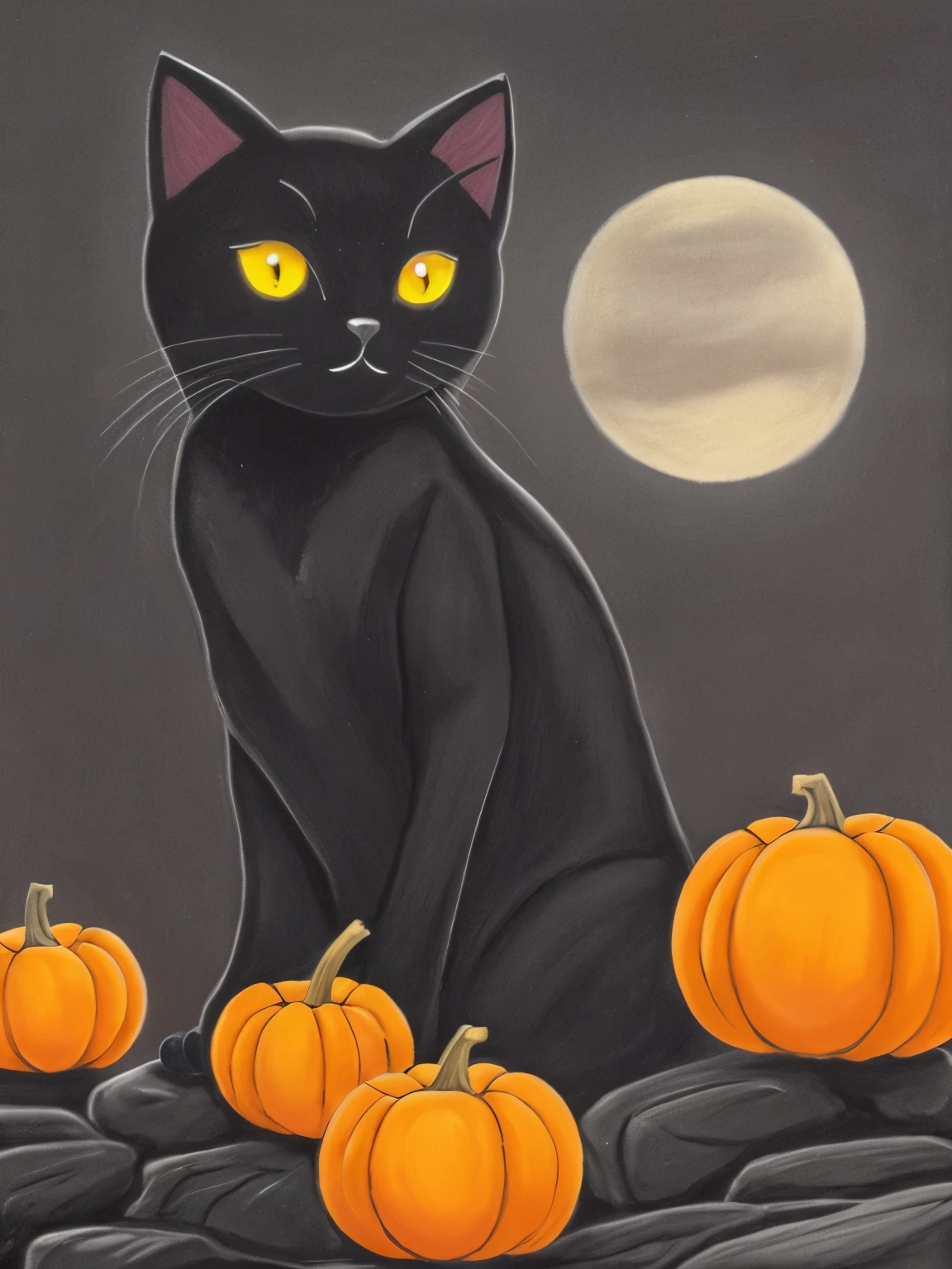 a close up of a black cat sitting on a rock with pumpkins, a pastel by Nina Petrovna Valetova, flickr, fantasy art, black cat, with glowing yellow eyes, black cats, glowing orange eyes, with red glowing eyes, the dark god of cats, with glowing red eyes, vampire cat, with glowing eyes, gorgeous art