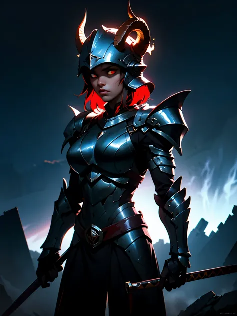a beautiful female warrior from hell, detailed armor, detailed face, tough expression, glowing red eyes, fiery hair, primitive c...