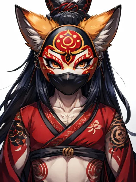 mascara de kitsune, yokai mask, tatoo style