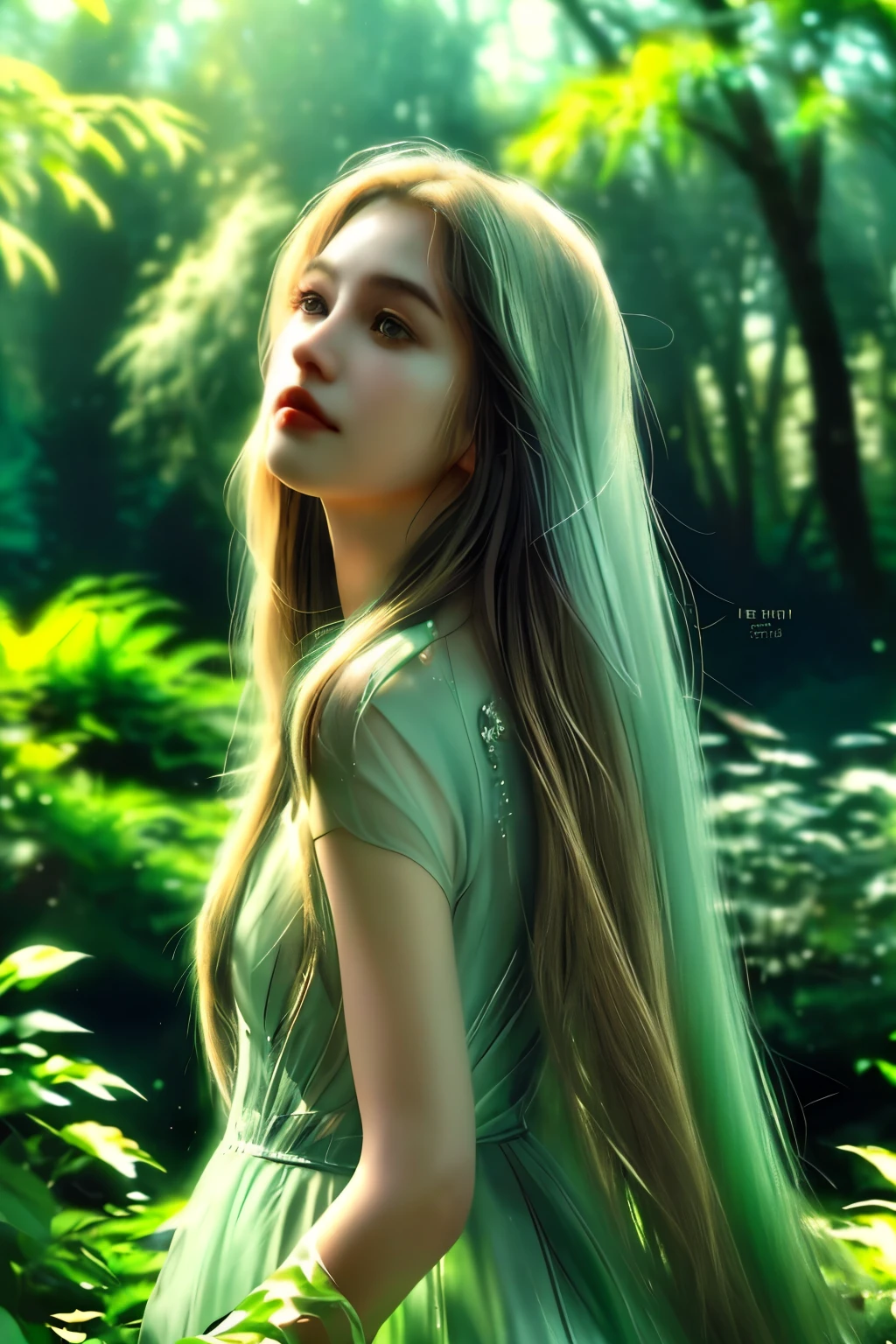 A beautiful young woman, detailed facial features, long flowing hair, elegant dress, serene expression, in a lush garden landscape, sunlight filtering through trees, vibrant colors, photorealistic, 8k, high quality, intricate details, cinematic lighting, ethereal atmosphere