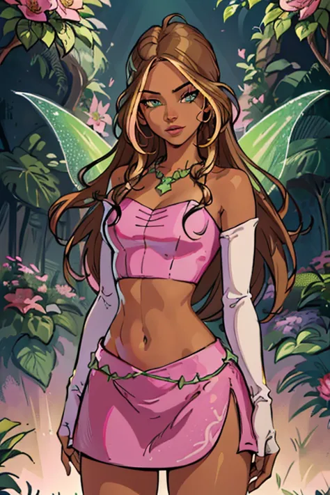 (Flora), (dark skin, brown hair, blonde hair strips, green eyes), (FairyOutfit), (pink dress, two-piece dress, midriff, crop top...