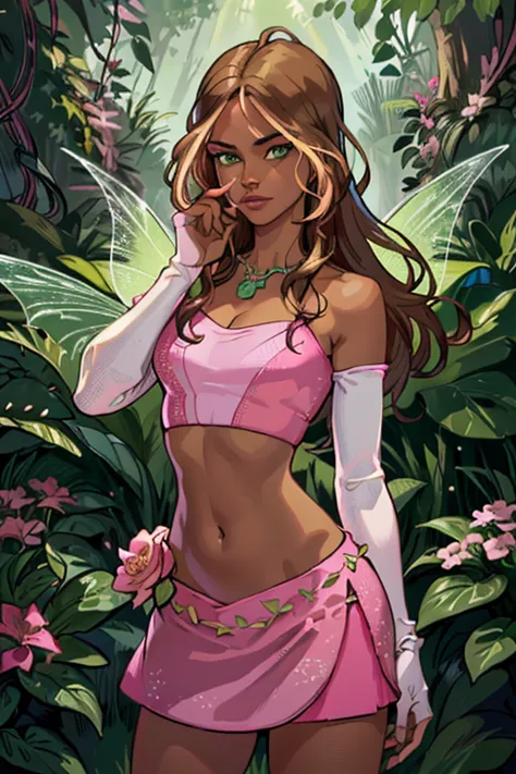 (Flora), (dark skin, brown hair, blonde hair strips, green eyes), (FairyOutfit), (pink dress, two-piece dress, midriff, crop top...