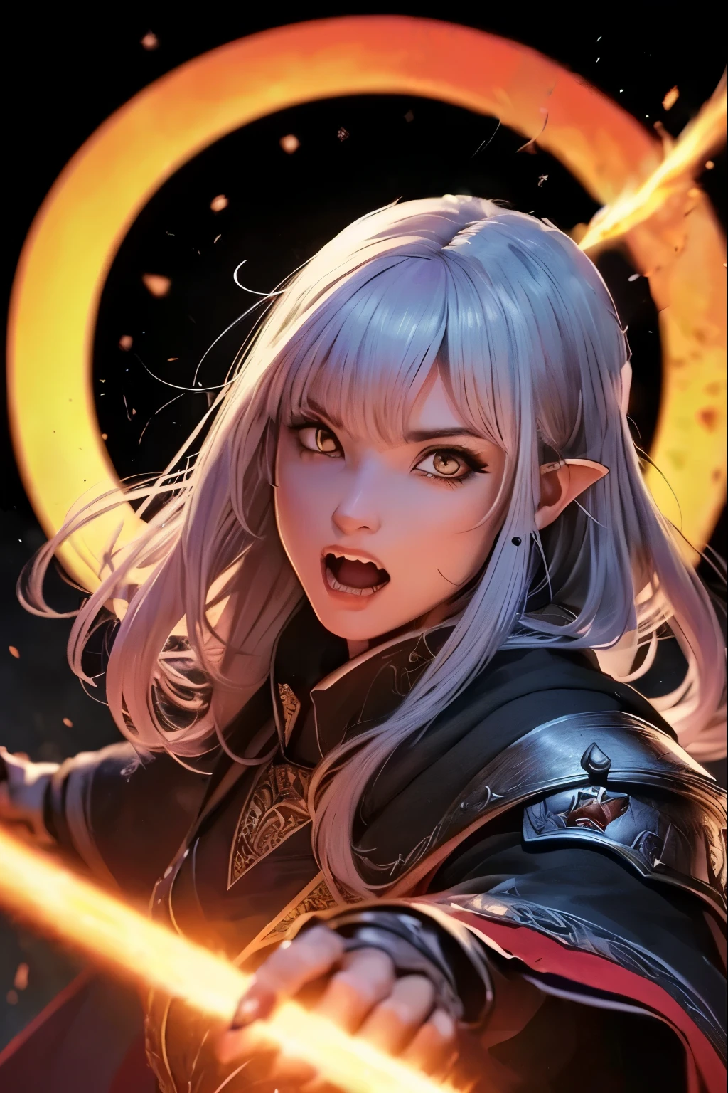 (Ultra-detailed face:1.3), (Fantasy Illustration with Gothic & Ukiyo-e & Comic Art), (A middle-aged dark elf woman with white hair, blunt bangs, Very long disheveled hair, and dark purple skin, lavender eyes)