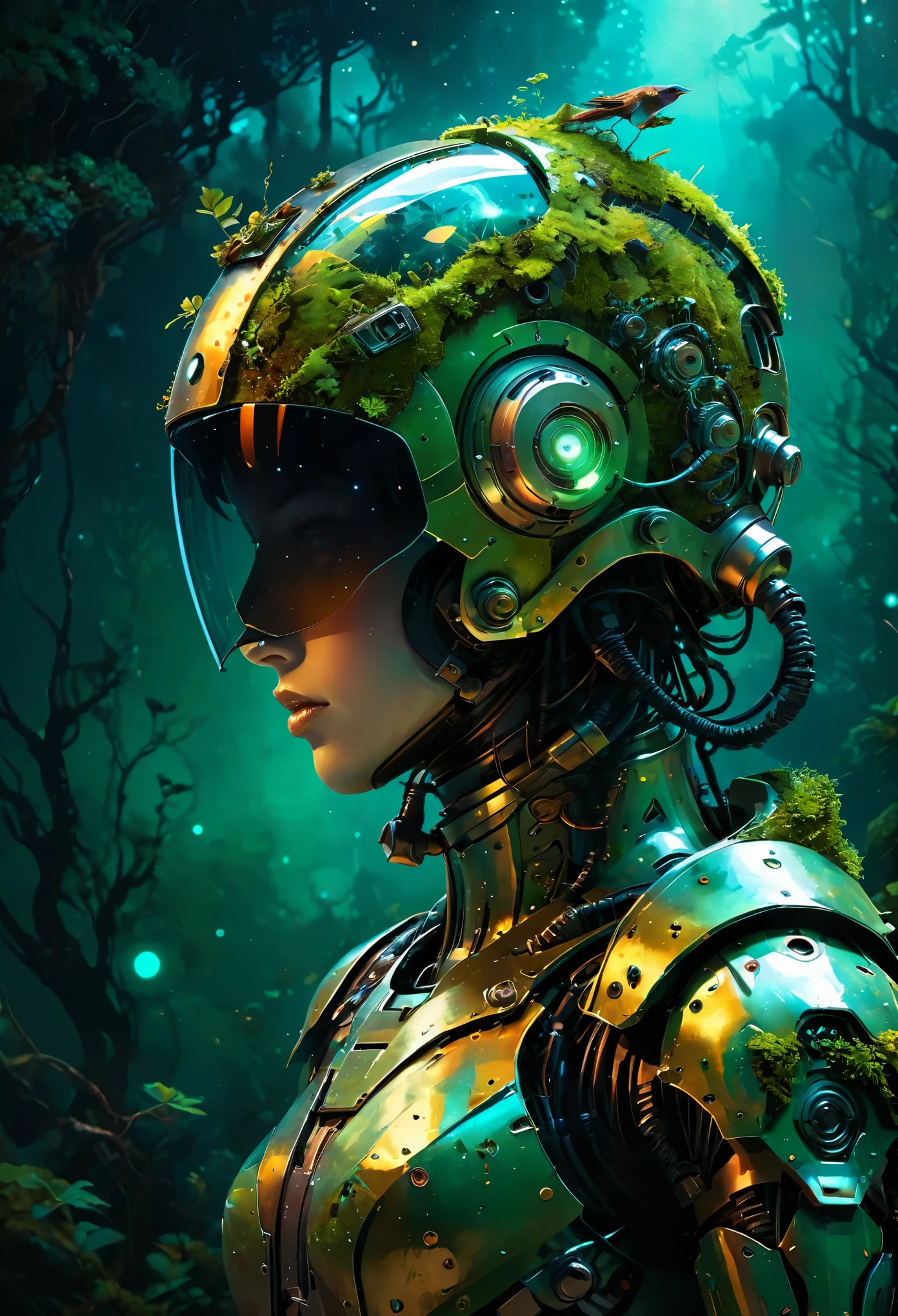 Space art galaxy landscape, concept art, vector, high quality, check the detail information, Unreal Engine, Octane Rendering, Ultra high quality, Ultra-high resolution, Surrealism, painting , drawing by Conrad Roset close up , reflections on helmet a giant robot looking at a bird stopped on its hand , (glass transparent helmet ),bioluminescence,fluorescent helmet, the robot is aged with moss on its rusty bronze armor, night, moonlight shadows, dramatic lighting , gradient pop surrealism , BREAK Detailed,(darkness:1.3),(very detailed shadows:1.3),absolute shadows,absolute darkness,body silhouette,