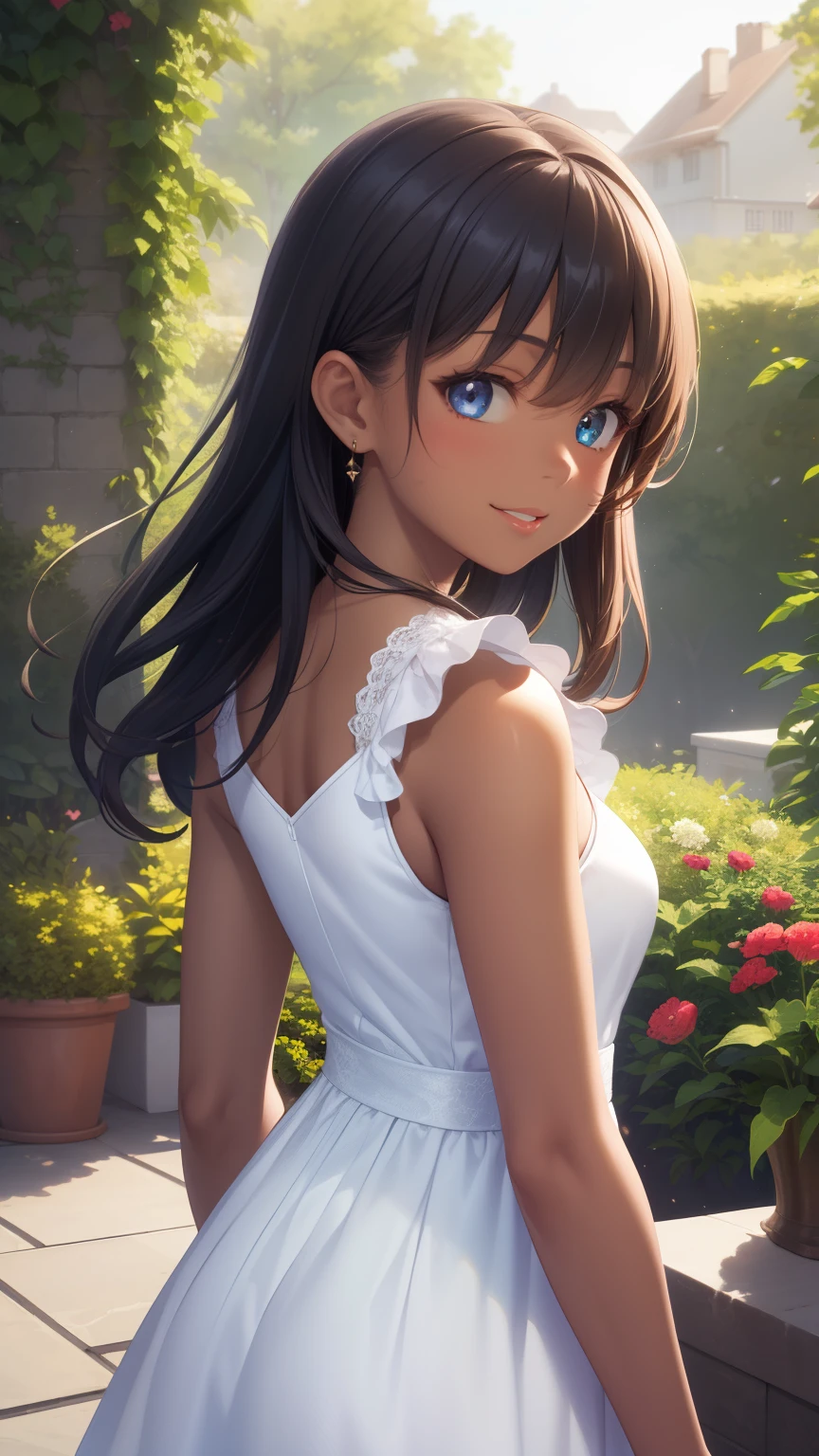 1girls, natural lighting, masterpiece, highly detailed, illustration, game CG, absurdres, high quality, aichan, beautiful detailed eyes, glossy lips, light smile, garden, looking back at viewer, (dark skin), short white dress, 