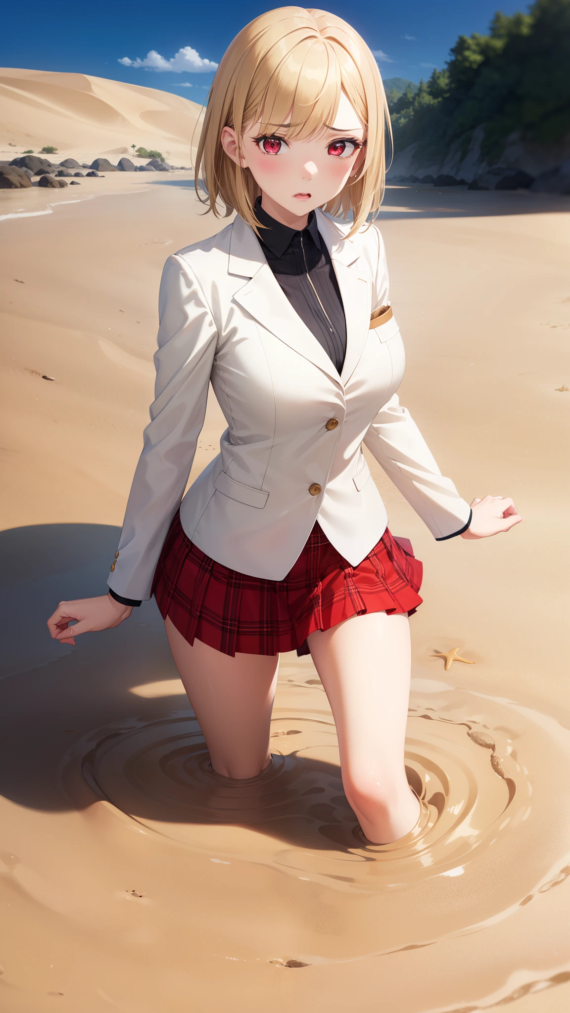 masterpiece, ultra-detailed, illustration, game cg, best quality, highres, kitagawa marin, 1girl, short fluffy blonde hair, swept bangs, gradient hair, red eyes, glossy lips, (upset), large breasts, red puffy miniskirt, white blazer, beach, (quicksand:1.3)
