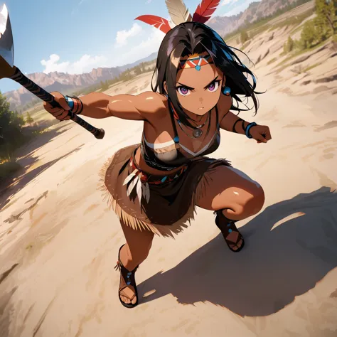 Native American female warrior\(cute,beautiful,age of 18,(muscular:1.5),(holding 1tomahawk:1.3),dark skin,dark floating hair,dar...