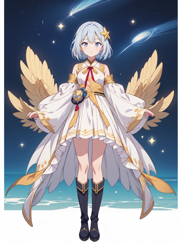 (((1girl)))、Star Fairy、vtuber-fullbody、(((highest quality、Masterpiece、The best composition、Golden Ratio、Official Art、Super detailed、Super detailedな目)))、ultra detailed, from front, headshot、 blue and white hair color、Short bangs above eyebrows、Short Hair、Standing in front of the viewer、The clothes are a remake of kimono and gothic lolita with a Milky Way pattern, and are based on dark blue and light blue.、The sleeves are long and the hands are hidden、Knee-high boots、Pure white simple background、star、Milky Way、universe、Stream star group、
