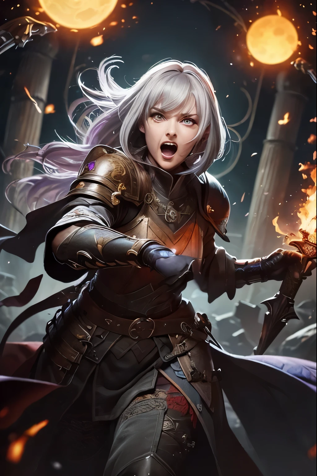 (Ultra-detailed face:1.3), (Fantasy Illustration with Gothic & Ukiyo-e & Comic Art), (A middle-aged dark elf woman with white hair, blunt bangs, Very long disheveled hair, and dark purple skin, lavender eyes)