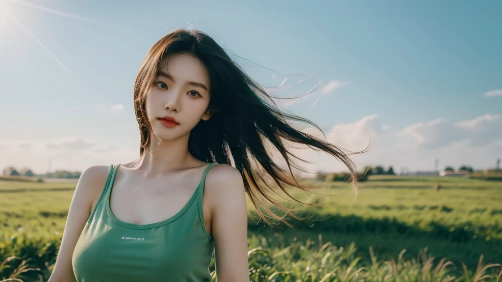 Close-up shot of young Korean woman standing in green field, beautiful girl, The wind is blowing strong., sunlight, clear sky, white tank top, Lift one arm beside your head., shoulder, armpit, collarbone, (big breasts : 1.3), abdomen, navel, shorts