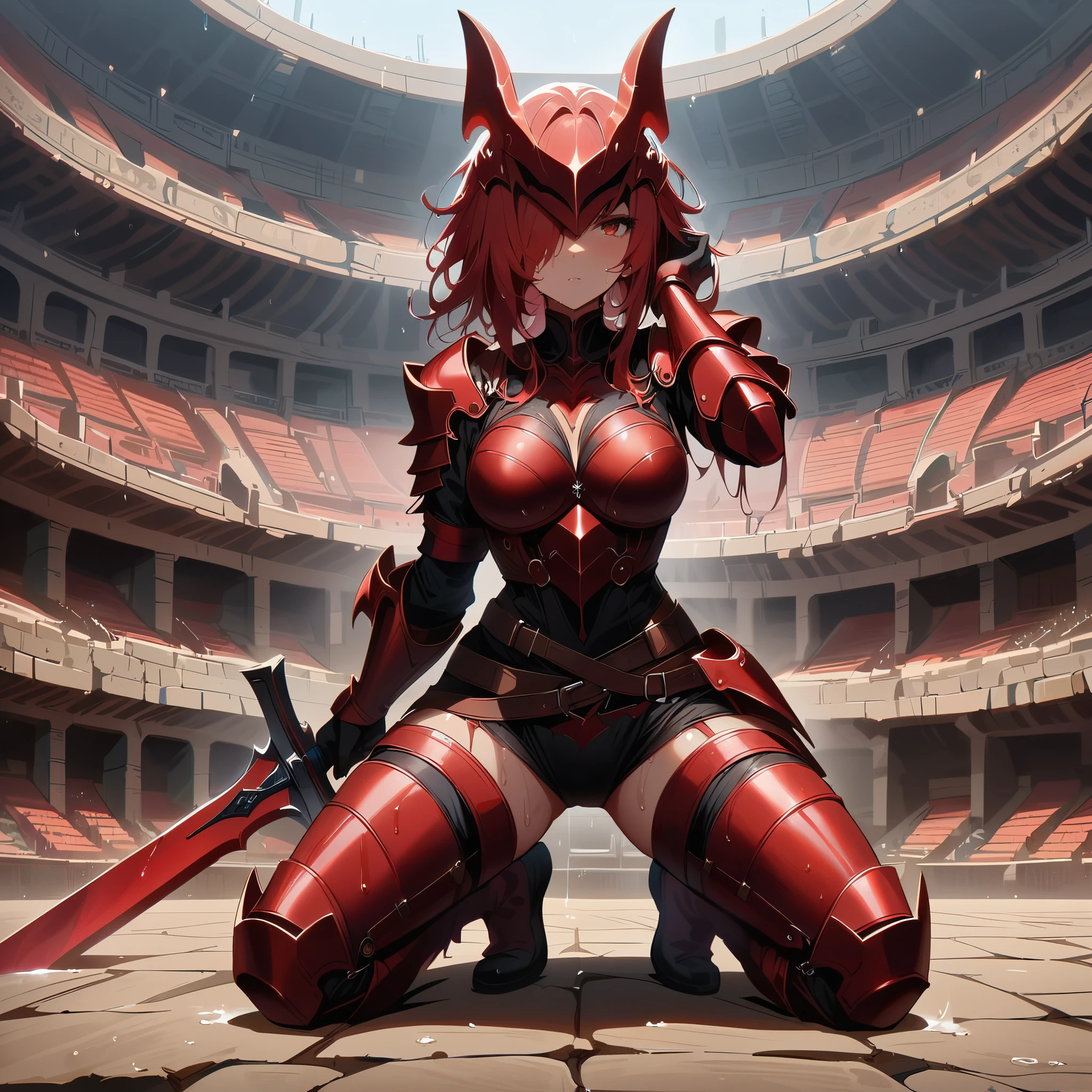 (masterpiece, best quality:1.2),solo,dark skin,sweating skin, (1 female warrior,red long hair)(hair over one eye, wet hair),wearing Red metal Armor，Red Dragon Helmet,her hand carry a great sword，Full body,(kneeling pose),(Colosseum)，be defeated