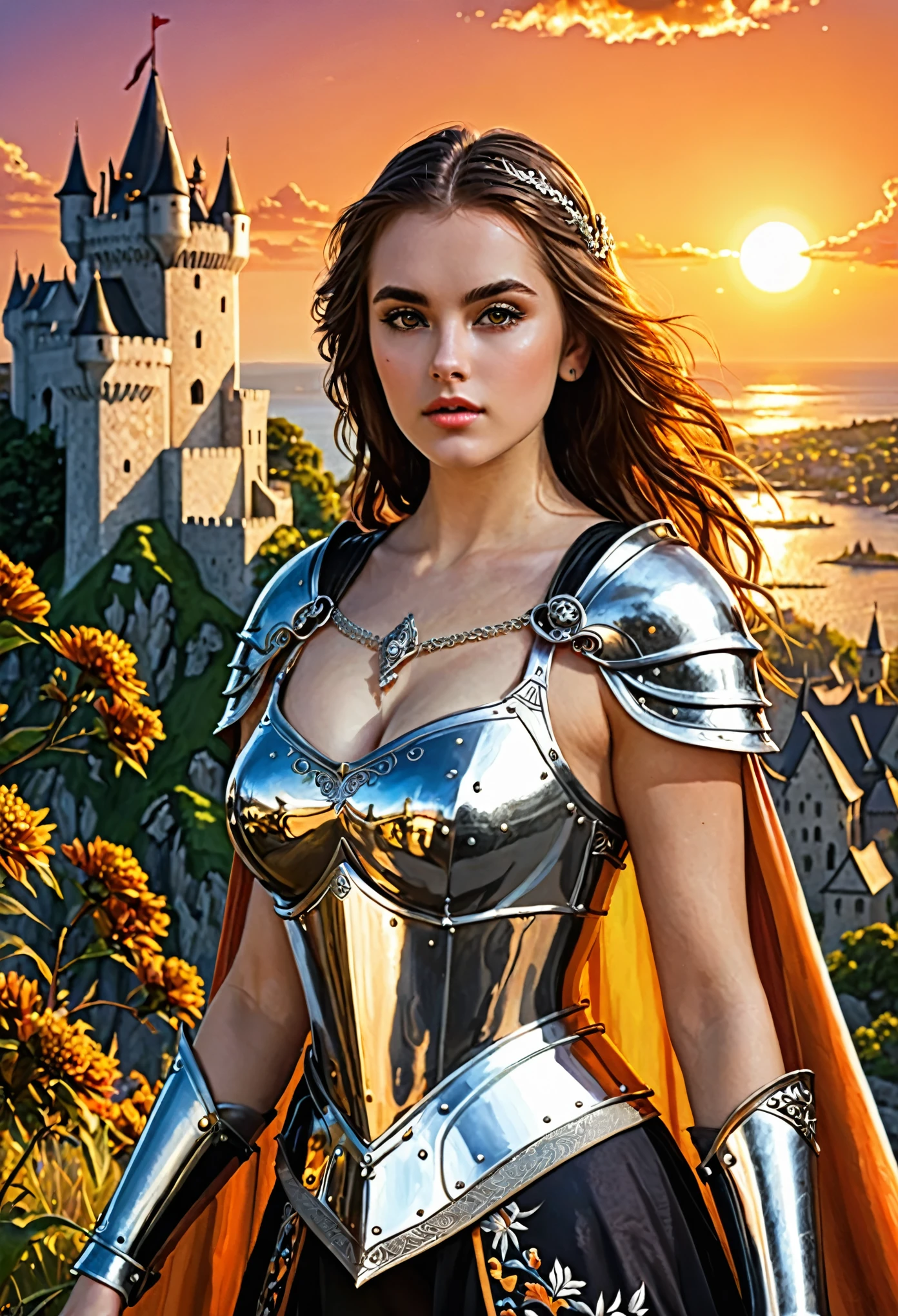 (masterpiece, top quality, best quality, official art, beautiful and aesthetic:1.2),(colorful:1.2),

(1girl:1.2),

beautiful face, pale face, black eyes, a pale warrior princess, woman  shining eyes, serious expression,blade right hand, cleavage, sexy, bikini armor

cape, embroidery,silver_armor, detailed medieval fortress in background, fantasy setting, sunset, sunny day

(translucent and dark orange colors:0.1), fantasy concept art, 