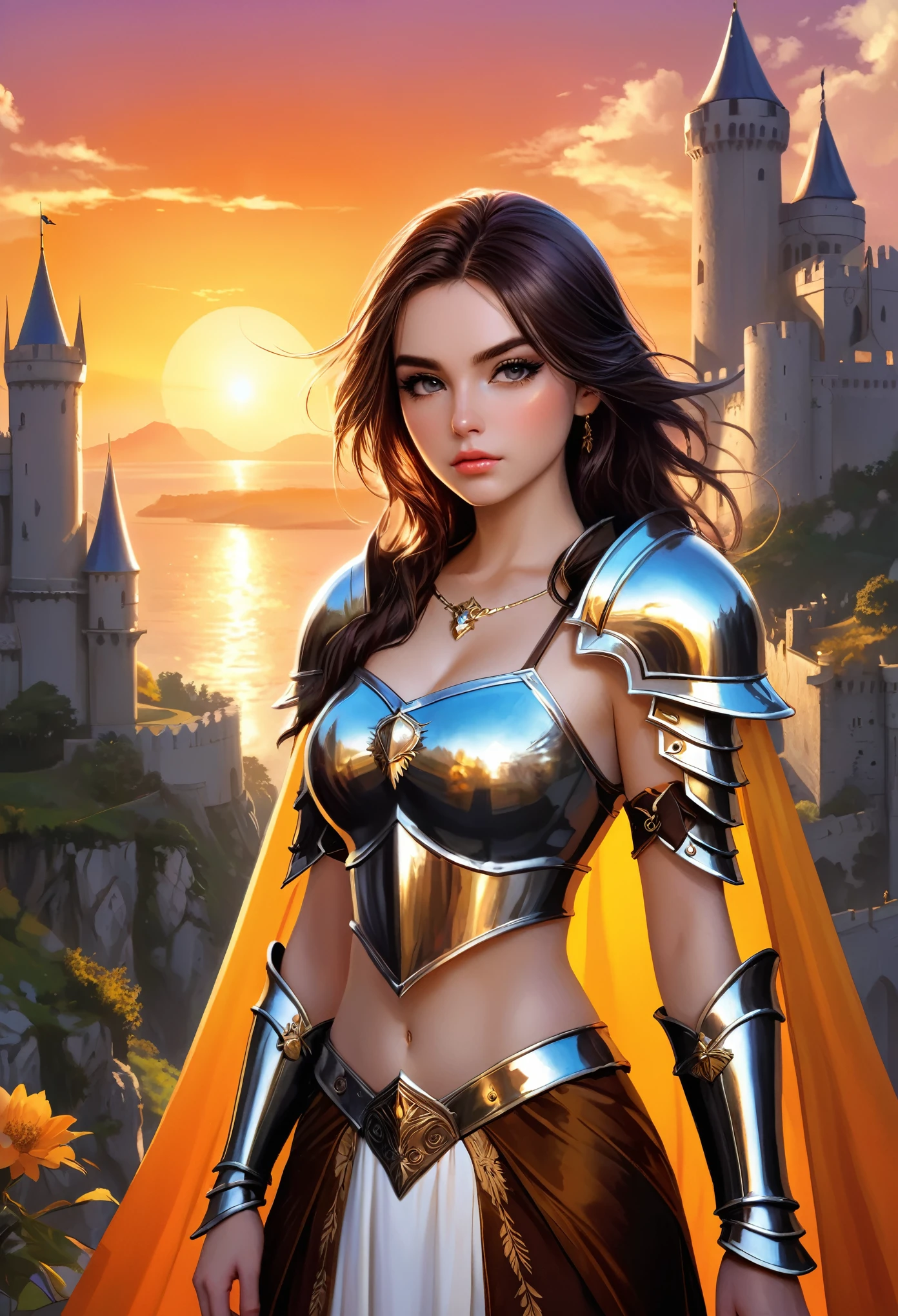 (masterpiece, top quality, best quality, official art, beautiful and aesthetic:1.2),(colorful:1.2),

(1girl:1.2),

beautiful face, pale face, black eyes, a pale warrior princess, woman  shining eyes, serious expression,blade right hand, cleavage, sexy, bikini armor

cape, embroidery,silver_armor, detailed medieval fortress in background, fantasy setting, sunset, sunny day

(translucent and dark orange colors:0.1), fantasy concept art, 