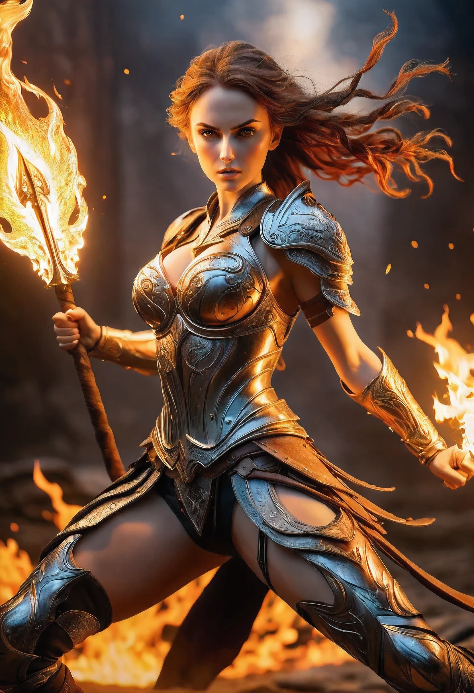 masterpiece, best quality, ultra-detailed, high-definition, extremely delicate and beautiful, Female Warrior, dynamic pose, action pose, dull and shiny, flame of rage,