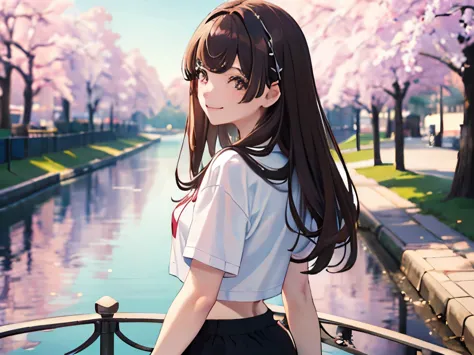 masterpiece, best quality, 1 girl, brown hair, ,black eyes, , cherry blossoms, smile, delicate eyes, detailed facial features,we...