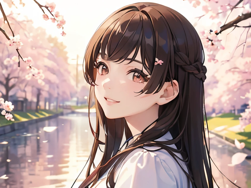 masterpiece, best quality, 1 Girl, Brown hair, ,black eyes, , Cherry blossoms, Smile, delicate eyes, Detailed facial features,Wearing sports shorts and a T-shirt, Realistic and high resolution (best quality, 4k, 8K, High resolution, masterpiece:1.2)