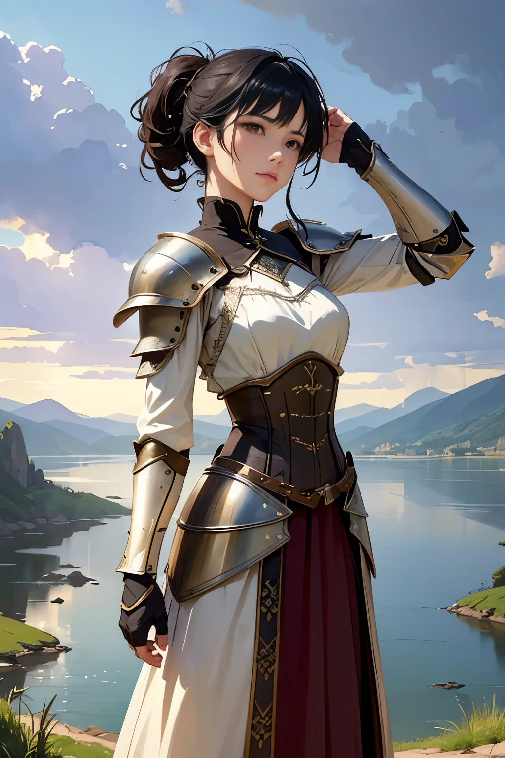 (highest quality、High resolution、masterpiece)、(Anime Art 4k)、(Realistic)、Portraiture、 (whole body)、(1 person)、20-year-old woman、( Woman in armor standing on top of a hill)、Beautiful Face、 (Facial details)、Black Hair、 short hair、 Beautiful Hair、Shiny Hair、(Put your hair up、Combing your hair)、Skin Texture、Slim figure、Small-chested medieval light armor、Beautiful Armor、Armor skirt、lace-up bodice dress、steampunk、Cinema Lighting、Ray Tracing、Soft Light、Landscape painted on a foggy morning、Outdoor、Nice views、Lake and mountains in the distant background々、(Sargent-style watercolor)、(Edmund Leighton Style)、